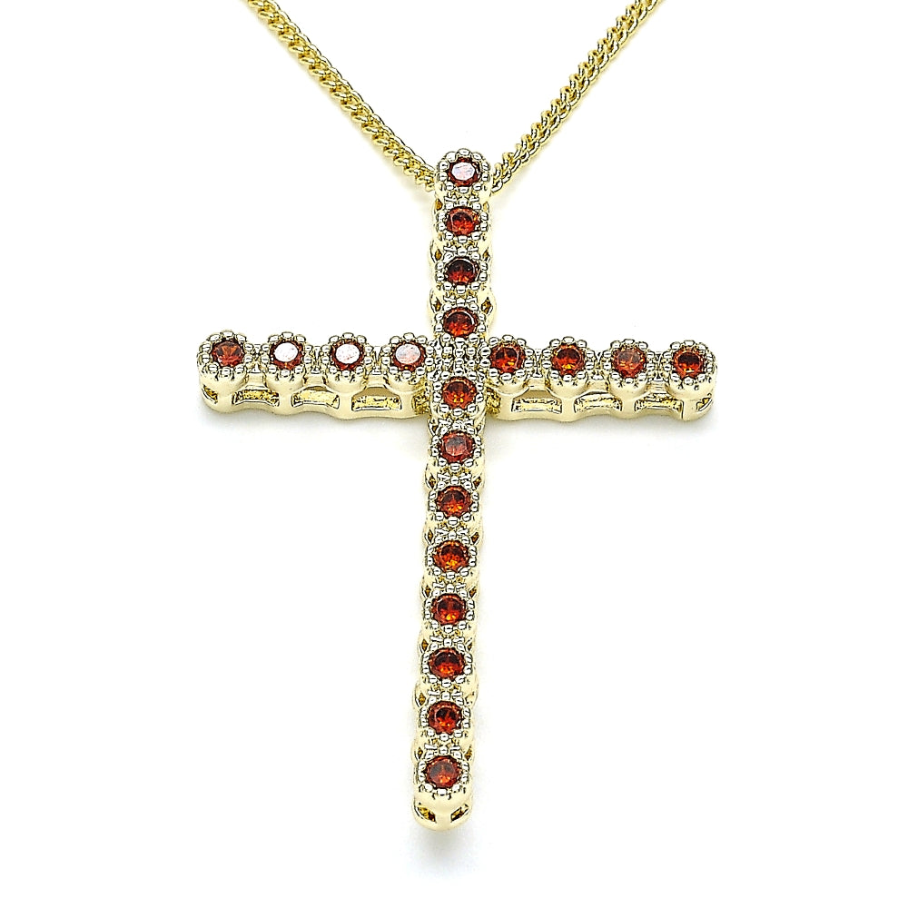 Oro Laminado Pendant Necklace, Gold Filled Style Cross Design, with Garnet Cubic Zirconia, Polished, Golden Finish