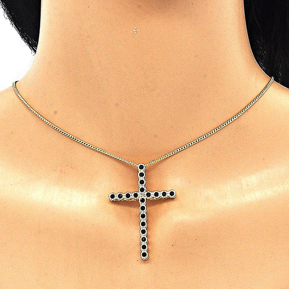 Oro Laminado Pendant Necklace, Gold Filled Style Cross Design, with Black Cubic Zirconia, Polished, Golden Finish