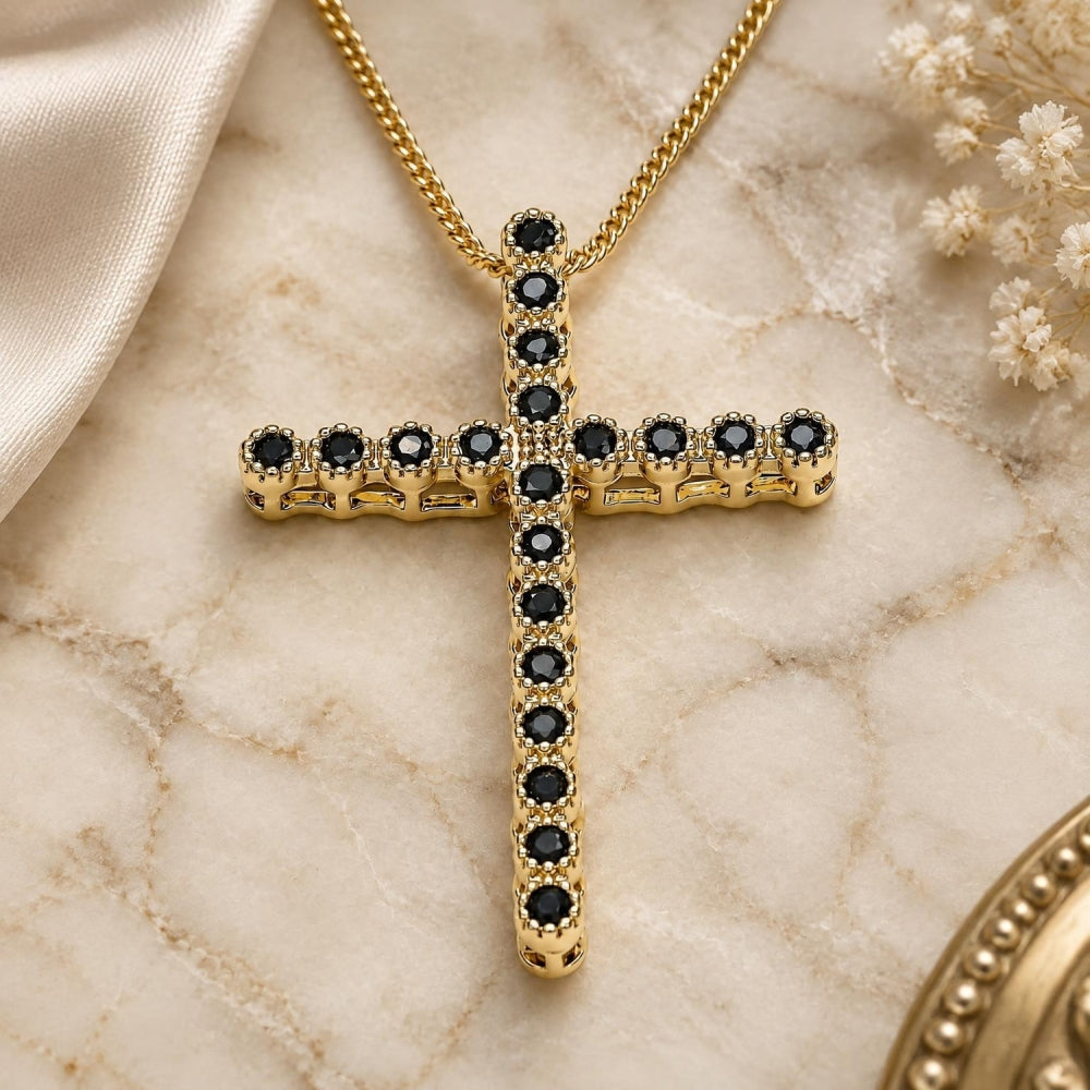 Oro Laminado Pendant Necklace, Gold Filled Style Cross Design, with Black Cubic Zirconia, Polished, Golden Finish