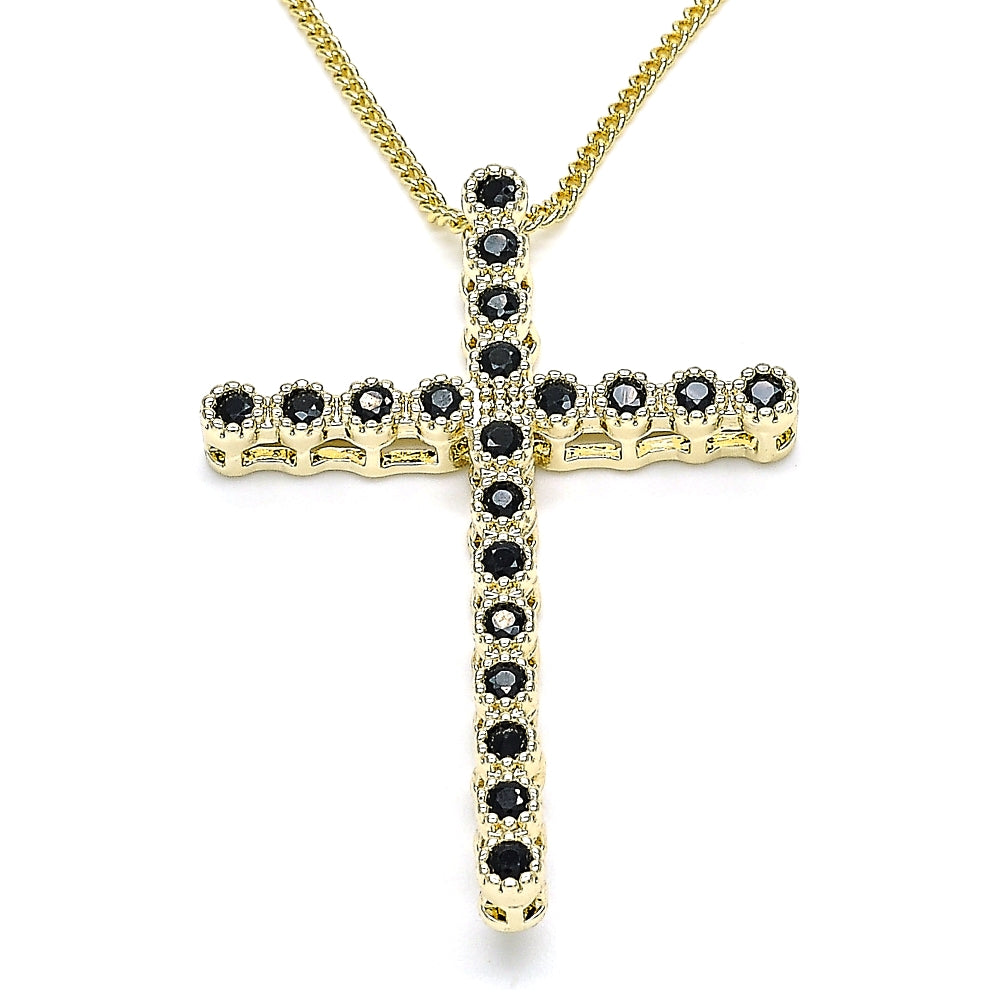 Oro Laminado Pendant Necklace, Gold Filled Style Cross Design, with Black Cubic Zirconia, Polished, Golden Finish