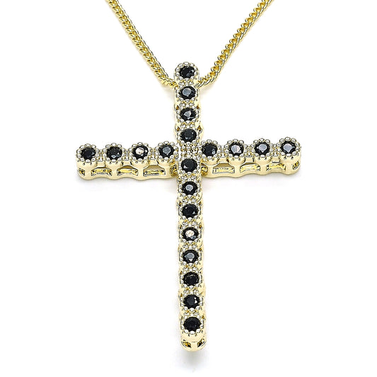 Oro Laminado Pendant Necklace, Gold Filled Style Cross Design, with Black Cubic Zirconia, Polished, Golden Finish