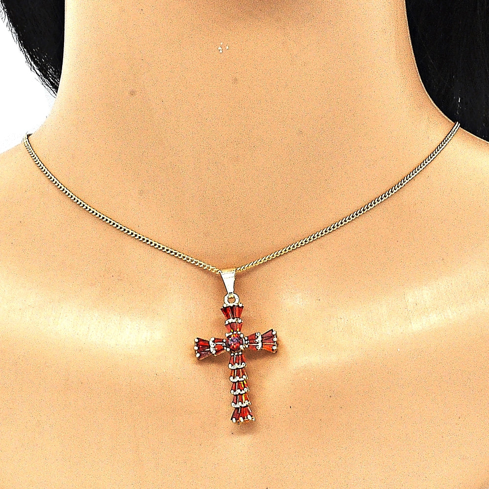 Oro Laminado Pendant Necklace, Gold Filled Style Cross and Baguette Design, with Garnet Cubic Zirconia, Polished, Golden Finish