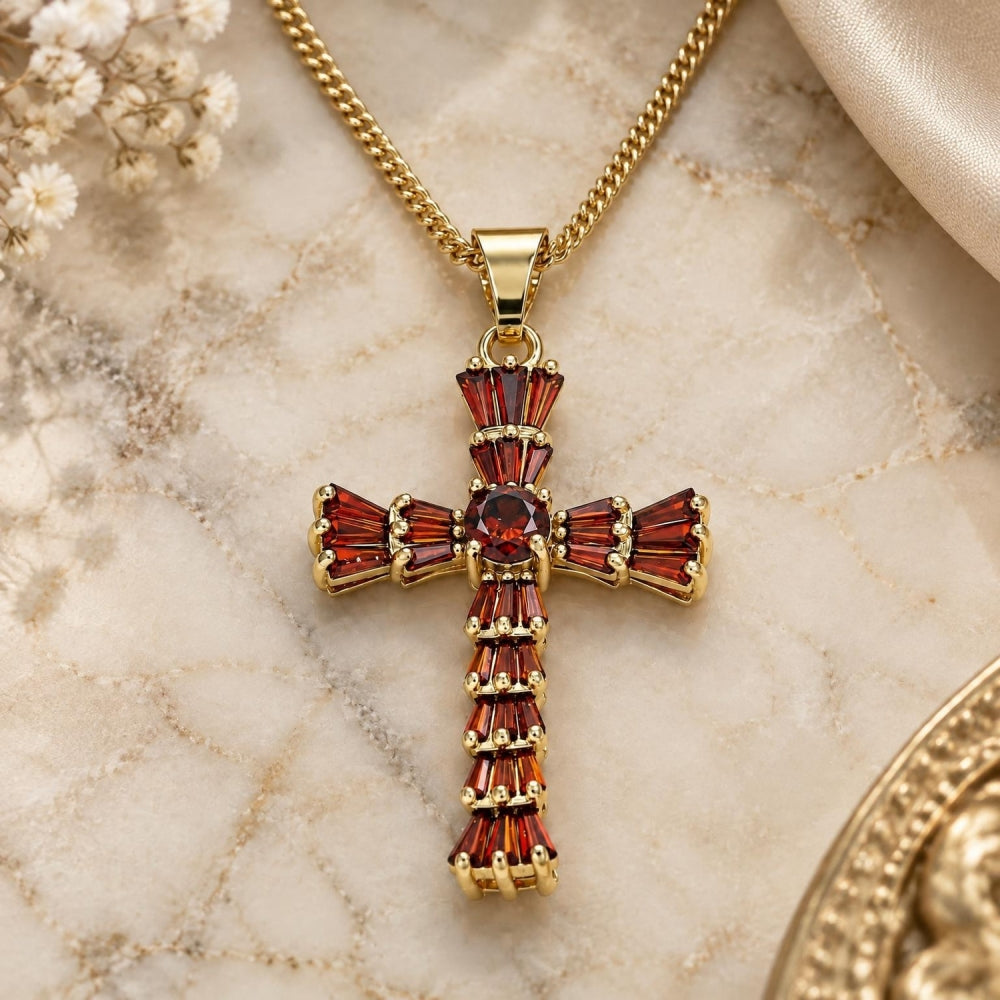 Oro Laminado Pendant Necklace, Gold Filled Style Cross and Baguette Design, with Garnet Cubic Zirconia, Polished, Golden Finish