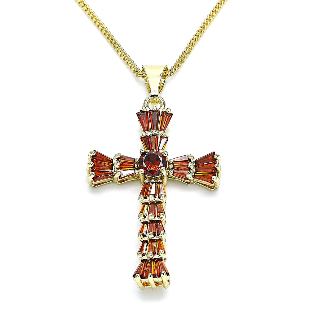 Oro Laminado Pendant Necklace, Gold Filled Style Cross and Baguette Design, with Garnet Cubic Zirconia, Polished, Golden Finish