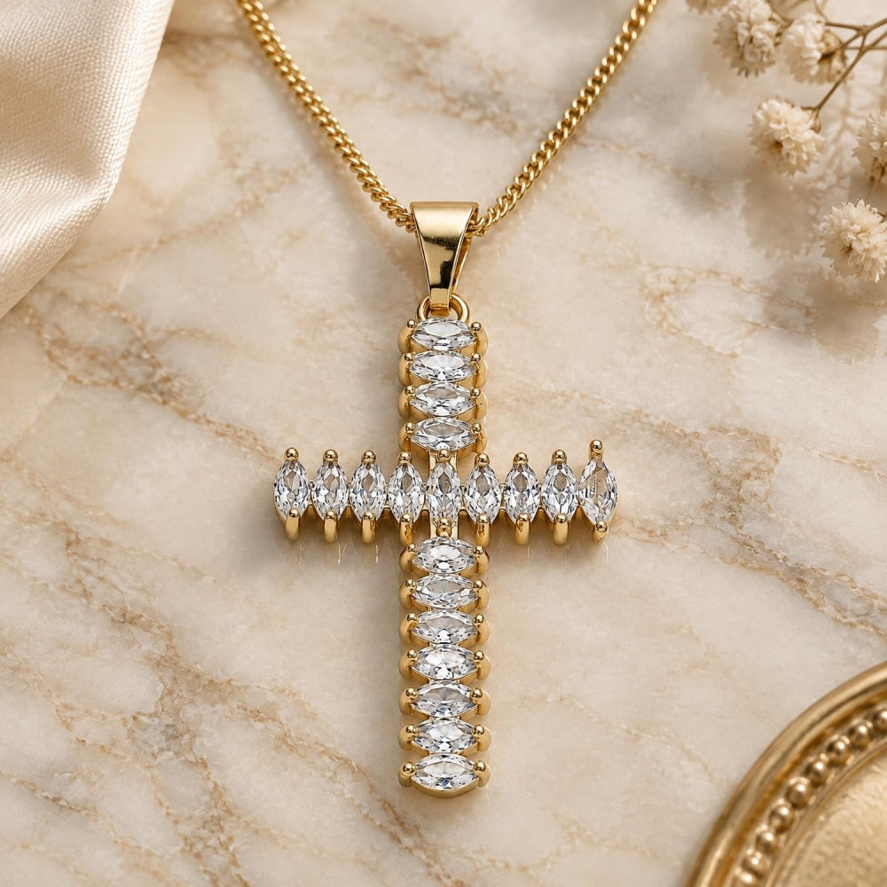 Oro Laminado Pendant Necklace, Gold Filled Style Cross Design, with White Cubic Zirconia, Polished, Golden Finish