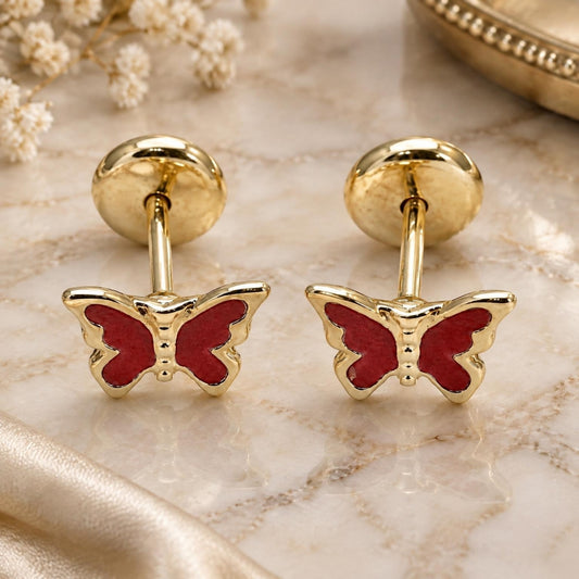 Oro Laminado Stud Earring, Gold Filled Style Butterfly Design, Red Enamel Finish, Golden Finish