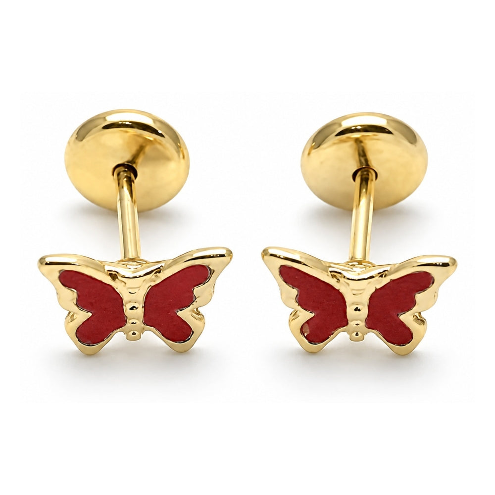 Oro Laminado Stud Earring, Gold Filled Style Butterfly Design, Red Enamel Finish, Golden Finish