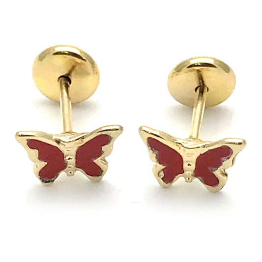 Oro Laminado Stud Earring, Gold Filled Style Butterfly Design, Red Enamel Finish, Golden Finish
