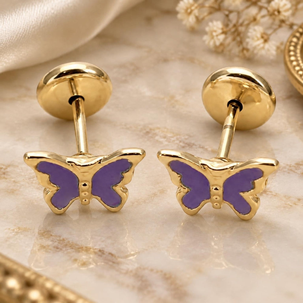Oro Laminado Stud Earring, Gold Filled Style Butterfly Design, Purple Enamel Finish, Golden Finish