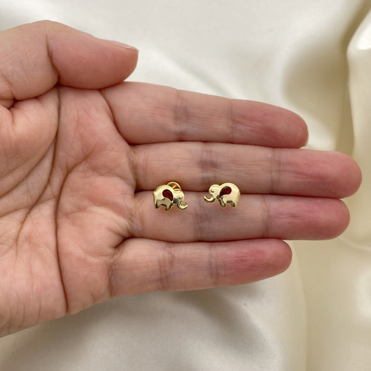 Oro Laminado Stud Earring, Gold Filled Style Elephant Design, with Garnet Cubic Zirconia, Polished, Golden Finish