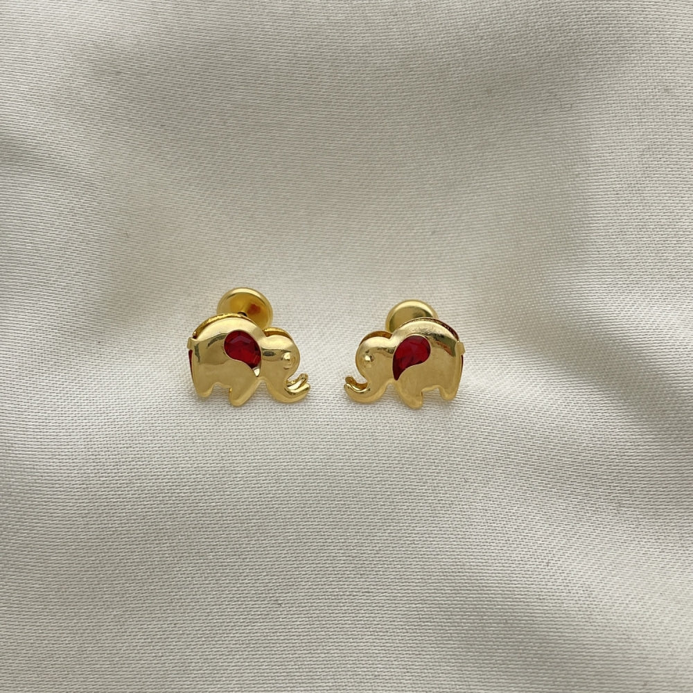 Oro Laminado Stud Earring, Gold Filled Style Elephant Design, with Garnet Cubic Zirconia, Polished, Golden Finish