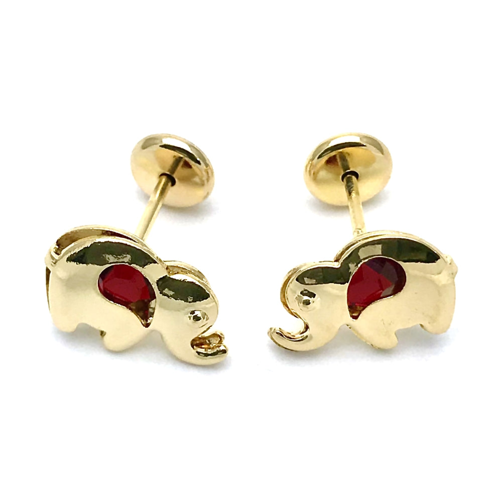 Oro Laminado Stud Earring, Gold Filled Style Elephant Design, with Garnet Cubic Zirconia, Polished, Golden Finish
