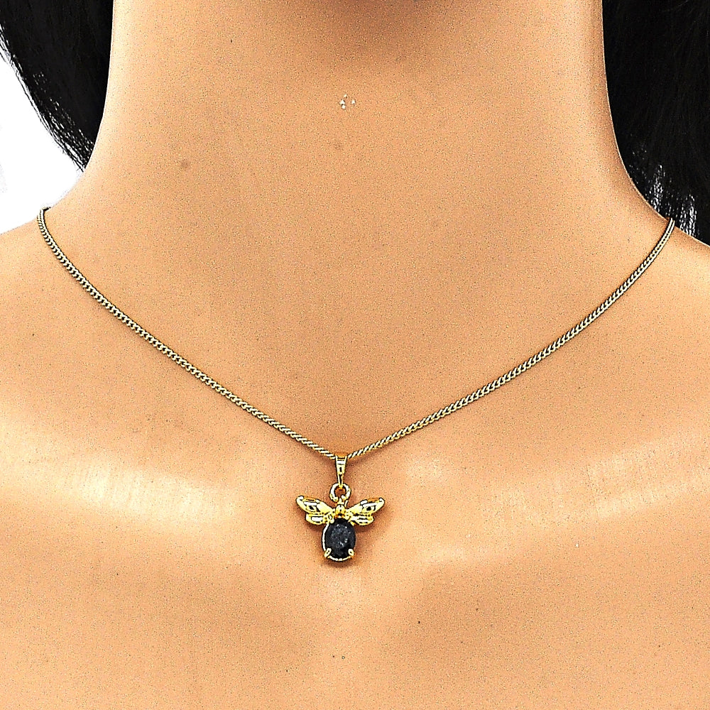 Oro Laminado Earring and Pendant Adult Set, Gold Filled Style Bee Design, with Black Crystal, Polished, Golden Finish