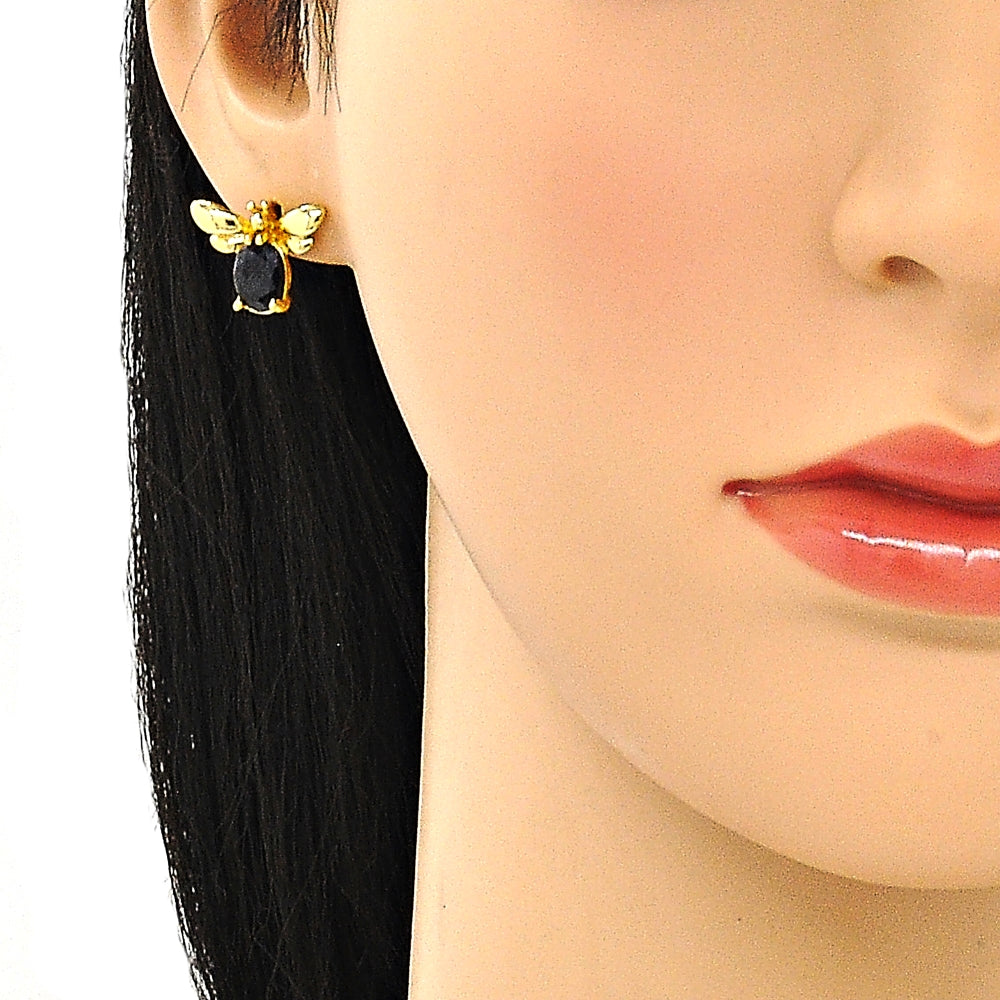 Oro Laminado Earring and Pendant Adult Set, Gold Filled Style Bee Design, with Black Crystal, Polished, Golden Finish