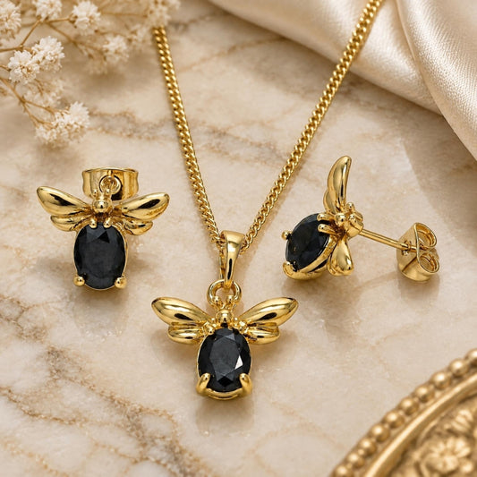 Oro Laminado Earring and Pendant Adult Set, Gold Filled Style Bee Design, with Black Crystal, Polished, Golden Finish