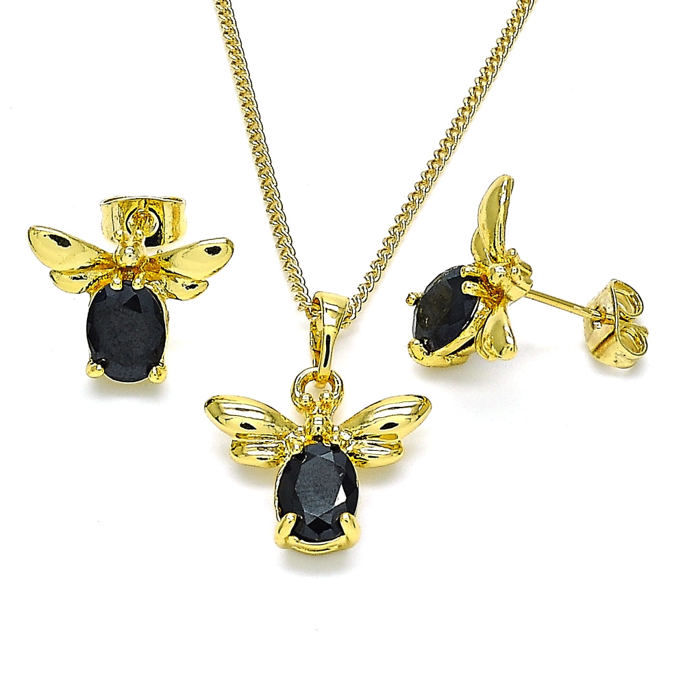 Oro Laminado Earring and Pendant Adult Set, Gold Filled Style Bee Design, with Black Crystal, Polished, Golden Finish