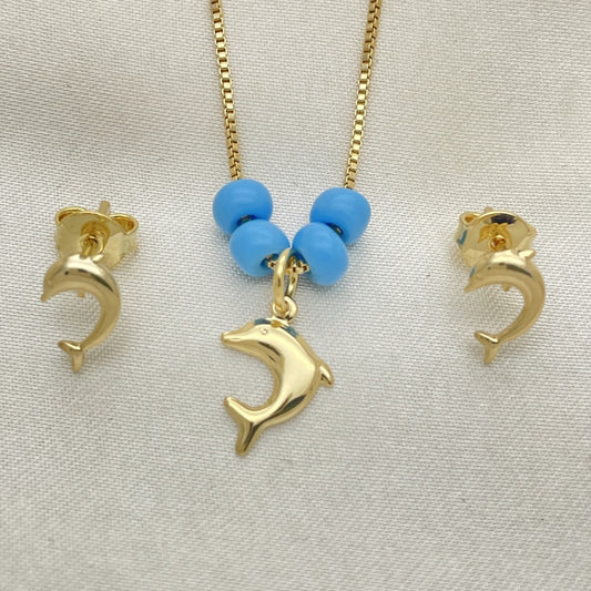 Oro Laminado Earring and Pendant Adult Set, Gold Filled Style Dolphin and Box Design, with Aquamarine Opal, Polished, Golden Finish