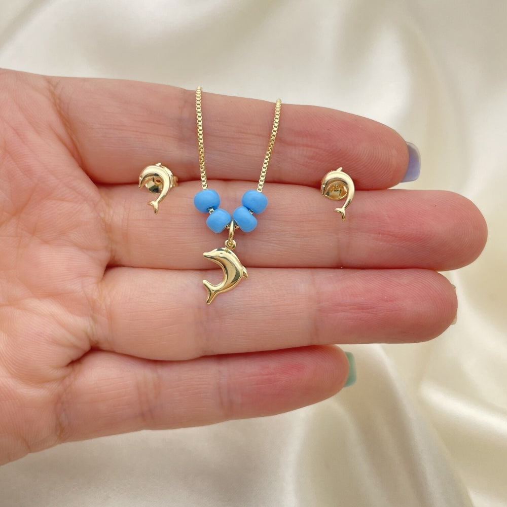 Oro Laminado Earring and Pendant Adult Set, Gold Filled Style Dolphin and Box Design, with Aquamarine Opal, Polished, Golden Finish