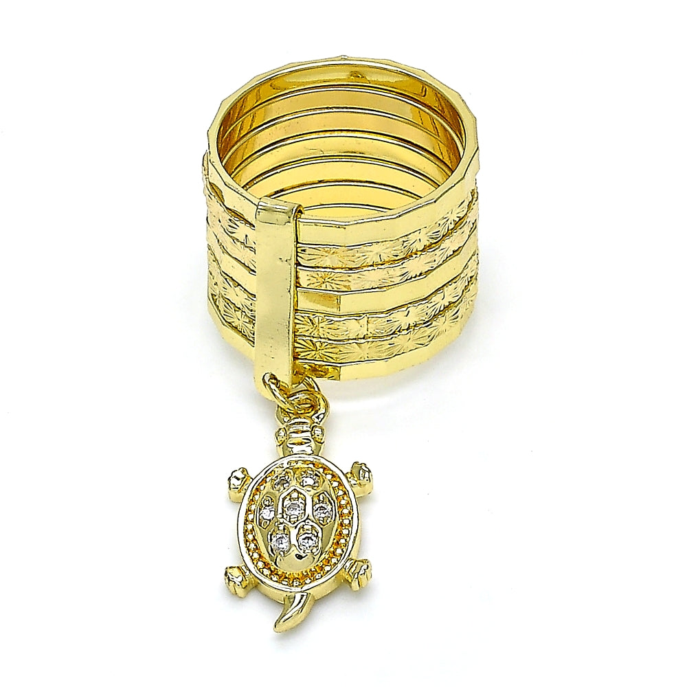Oro Laminado Multi Stone Ring, Gold Filled Style Semanario and Turtle Design, with White Cubic Zirconia, Diamond Cutting Finish, Golden Finish