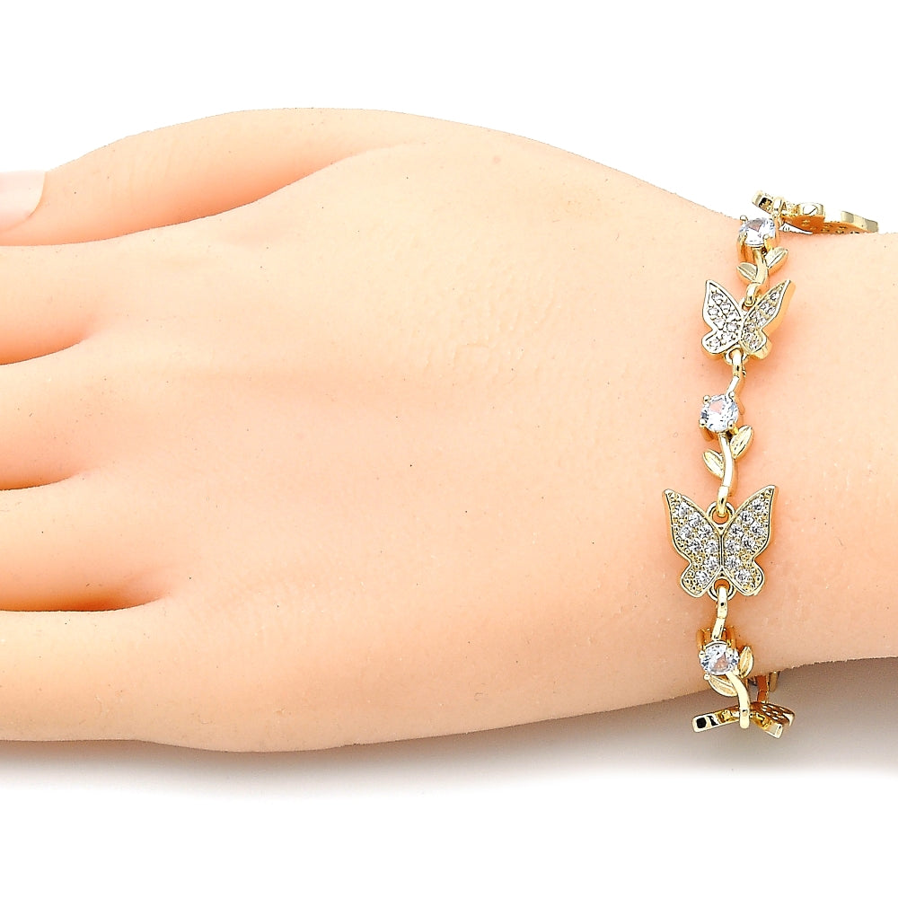Oro Laminado Fancy Bracelet, Gold Filled Style Butterfly and Leaf Design, with White Micro Pave and White Cubic Zirconia, Polished, Golden Finish