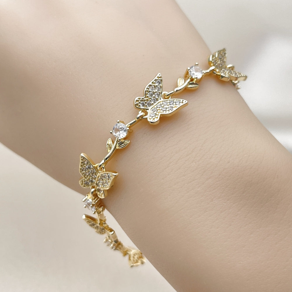 Oro Laminado Fancy Bracelet, Gold Filled Style Butterfly and Leaf Design, with White Micro Pave and White Cubic Zirconia, Polished, Golden Finish