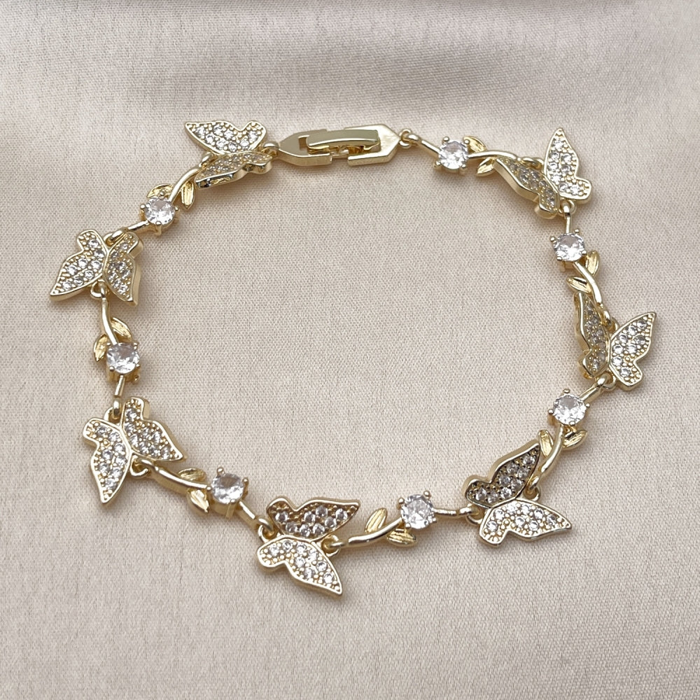 Oro Laminado Fancy Bracelet, Gold Filled Style Butterfly and Leaf Design, with White Micro Pave and White Cubic Zirconia, Polished, Golden Finish