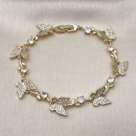 Oro Laminado Fancy Bracelet, Gold Filled Style Butterfly and Leaf Design, with White Micro Pave and White Cubic Zirconia, Polished, Golden Finish