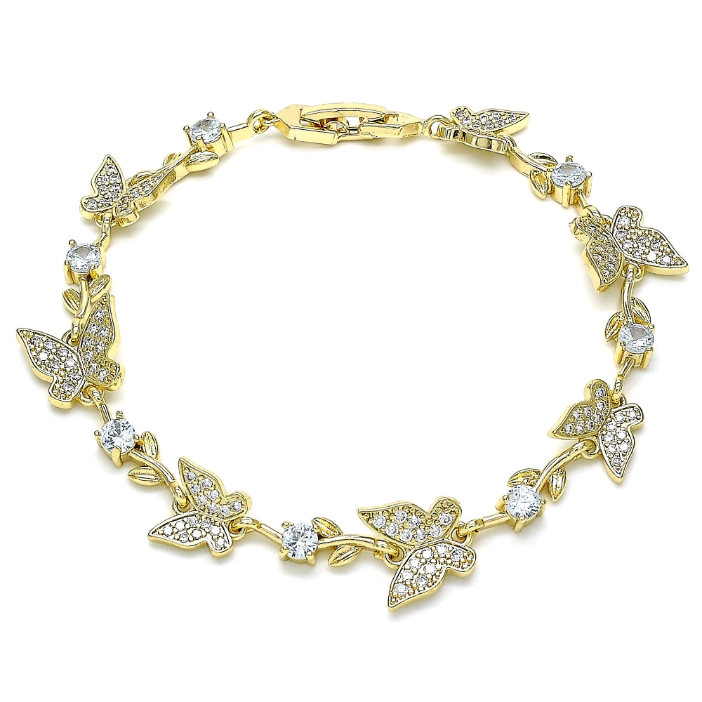 Oro Laminado Fancy Bracelet, Gold Filled Style Butterfly and Leaf Design, with White Micro Pave and White Cubic Zirconia, Polished, Golden Finish