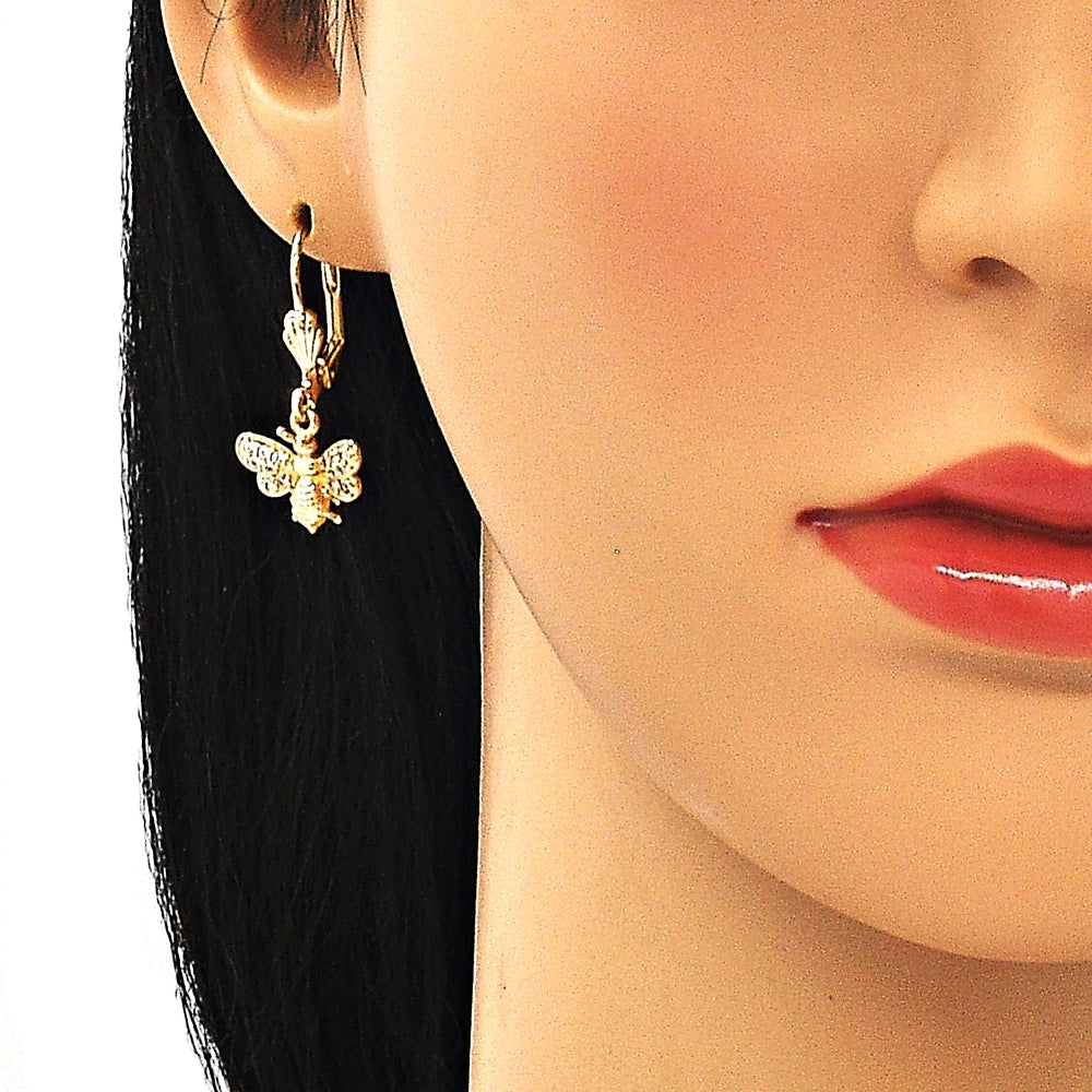 Oro Laminado Earring and Pendant Adult Set, Gold Filled Style Bee Design, with White Micro Pave, Polished, Golden Finish