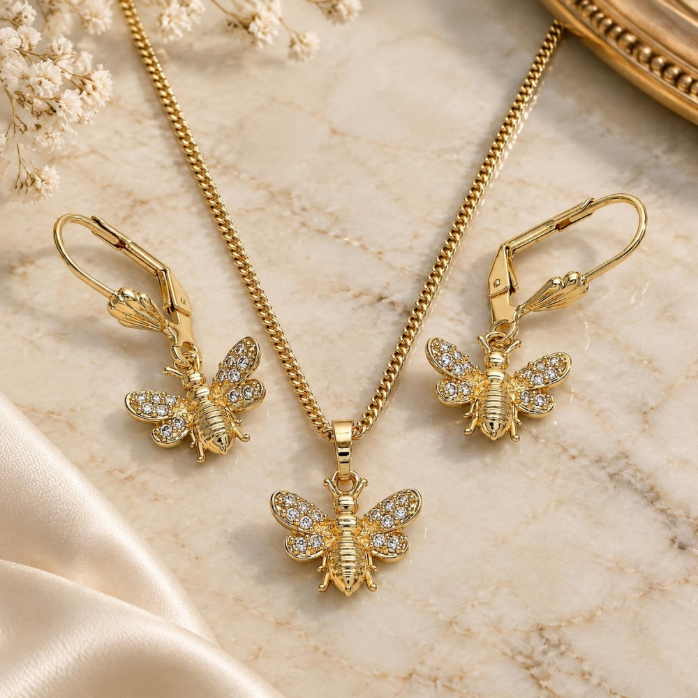 Oro Laminado Earring and Pendant Adult Set, Gold Filled Style Bee Design, with White Micro Pave, Polished, Golden Finish