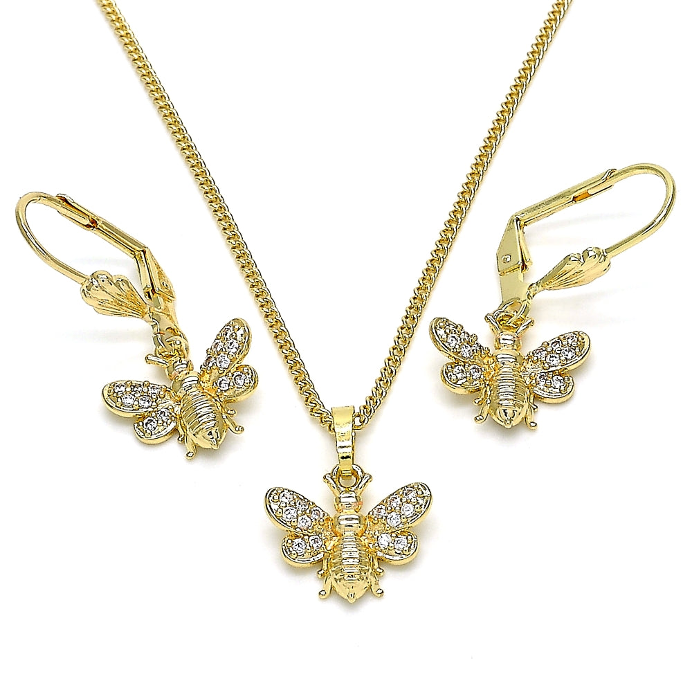Oro Laminado Earring and Pendant Adult Set, Gold Filled Style Bee Design, with White Micro Pave, Polished, Golden Finish