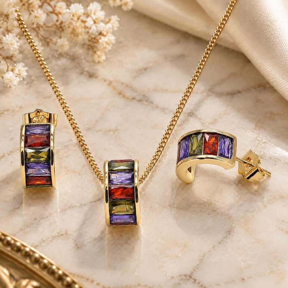 Oro Laminado Earring and Pendant Adult Set, Gold Filled Style Baguette Design, with Multicolor Cubic Zirconia, Polished, Golden Finish