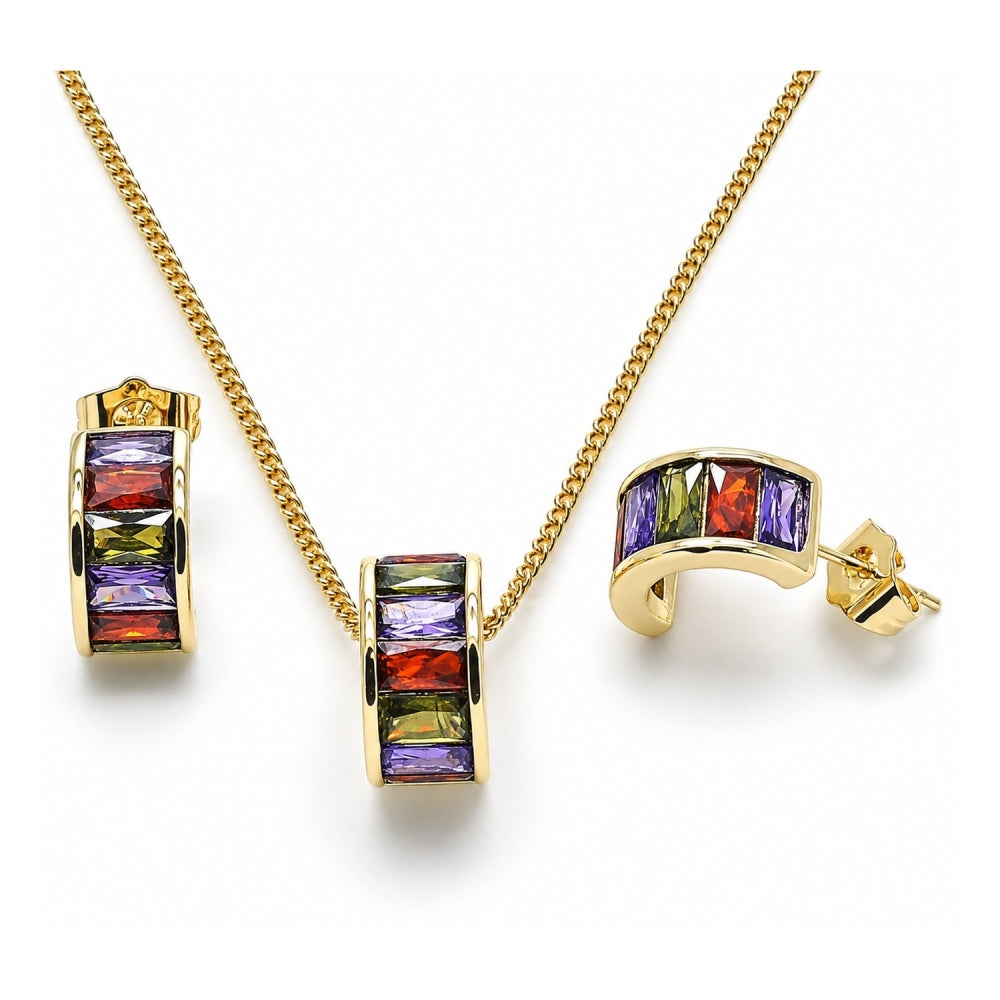 Oro Laminado Earring and Pendant Adult Set, Gold Filled Style Baguette Design, with Multicolor Cubic Zirconia, Polished, Golden Finish