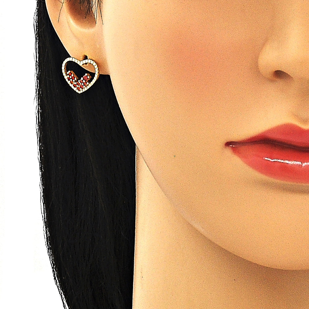 Oro Laminado Earring and Pendant Adult Set, Gold Filled Style Heart Design, with Garnet Micro Pave, Polished, Golden Finish