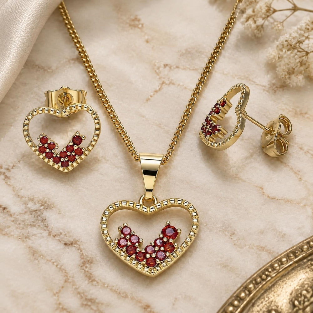 Oro Laminado Earring and Pendant Adult Set, Gold Filled Style Heart Design, with Garnet Micro Pave, Polished, Golden Finish
