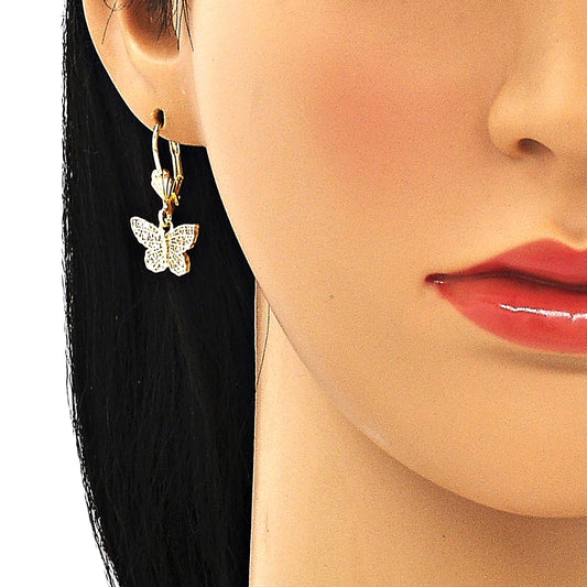 Oro Laminado Earring and Pendant Adult Set, Gold Filled Style Butterfly Design, with White Micro Pave, Polished, Golden Finish