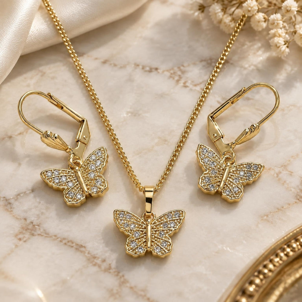 Oro Laminado Earring and Pendant Adult Set, Gold Filled Style Butterfly Design, with White Micro Pave, Polished, Golden Finish