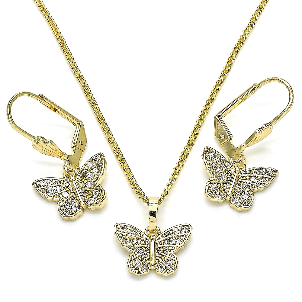 Oro Laminado Earring and Pendant Adult Set, Gold Filled Style Butterfly Design, with White Micro Pave, Polished, Golden Finish
