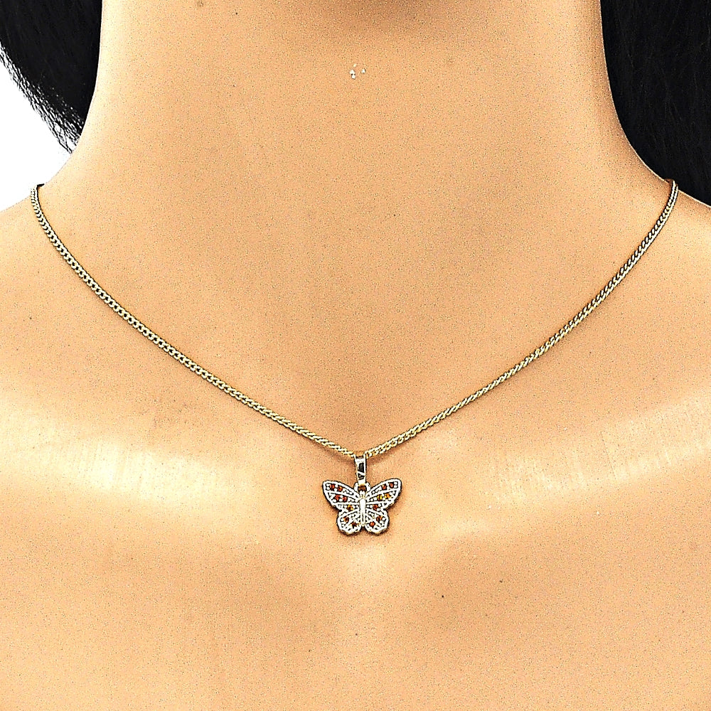 Oro Laminado Earring and Pendant Adult Set, Gold Filled Style Butterfly Design, with Garnet Micro Pave, Polished, Golden Finish