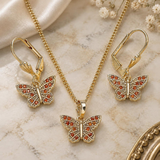 Oro Laminado Earring and Pendant Adult Set, Gold Filled Style Butterfly Design, with Garnet Micro Pave, Polished, Golden Finish