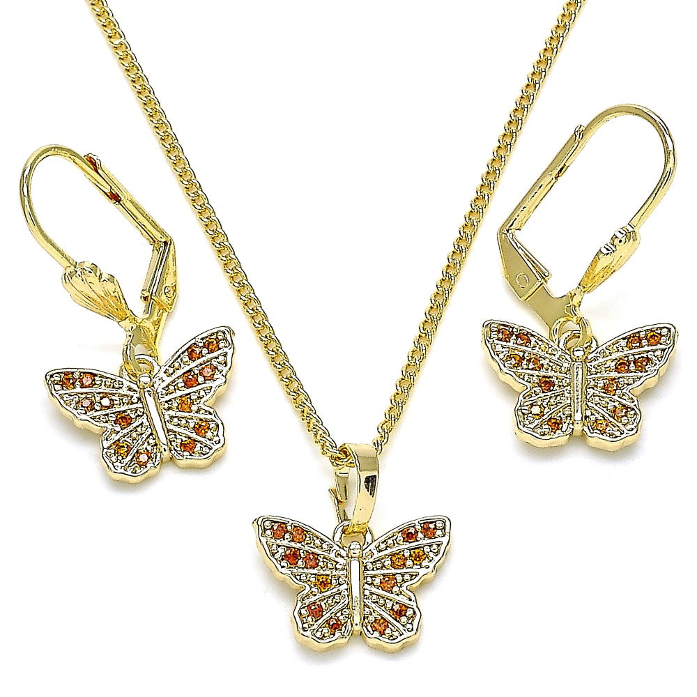 Oro Laminado Earring and Pendant Adult Set, Gold Filled Style Butterfly Design, with Garnet Micro Pave, Polished, Golden Finish