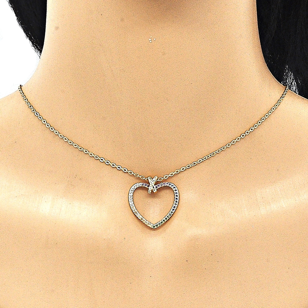 Oro Laminado Pendant Necklace, Gold Filled Style Heart Design, with Multicolor Micro Pave, Polished, Golden Finish