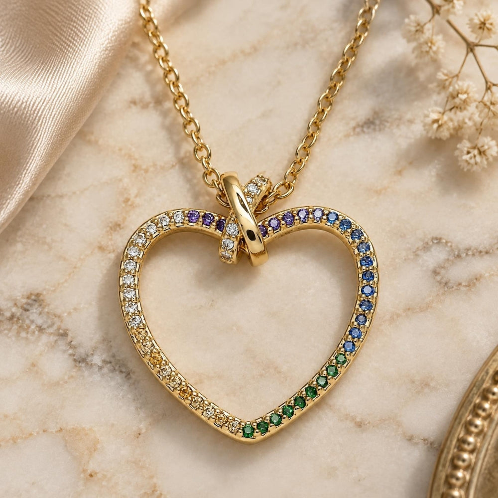 Oro Laminado Pendant Necklace, Gold Filled Style Heart Design, with Multicolor Micro Pave, Polished, Golden Finish
