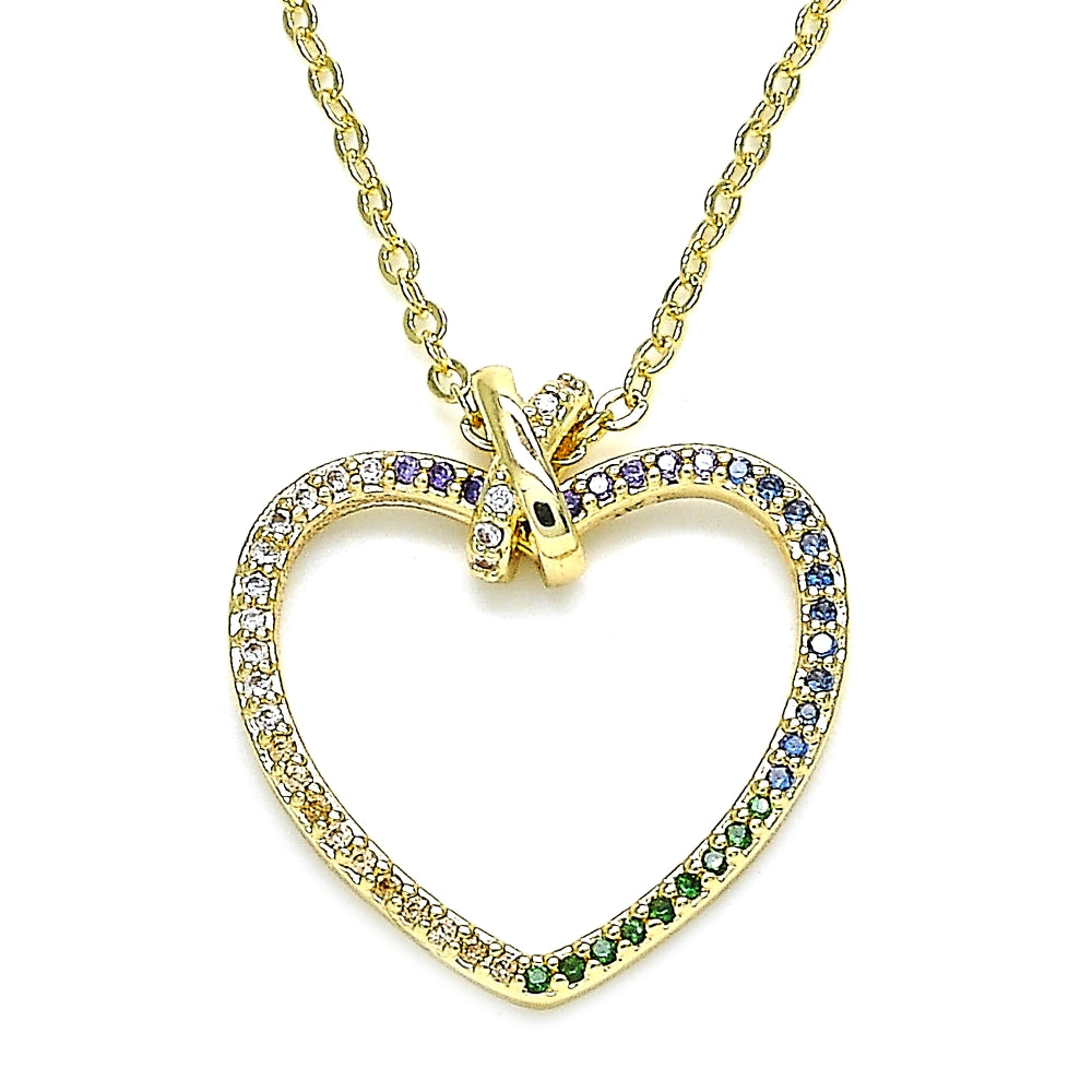Oro Laminado Pendant Necklace, Gold Filled Style Heart Design, with Multicolor Micro Pave, Polished, Golden Finish