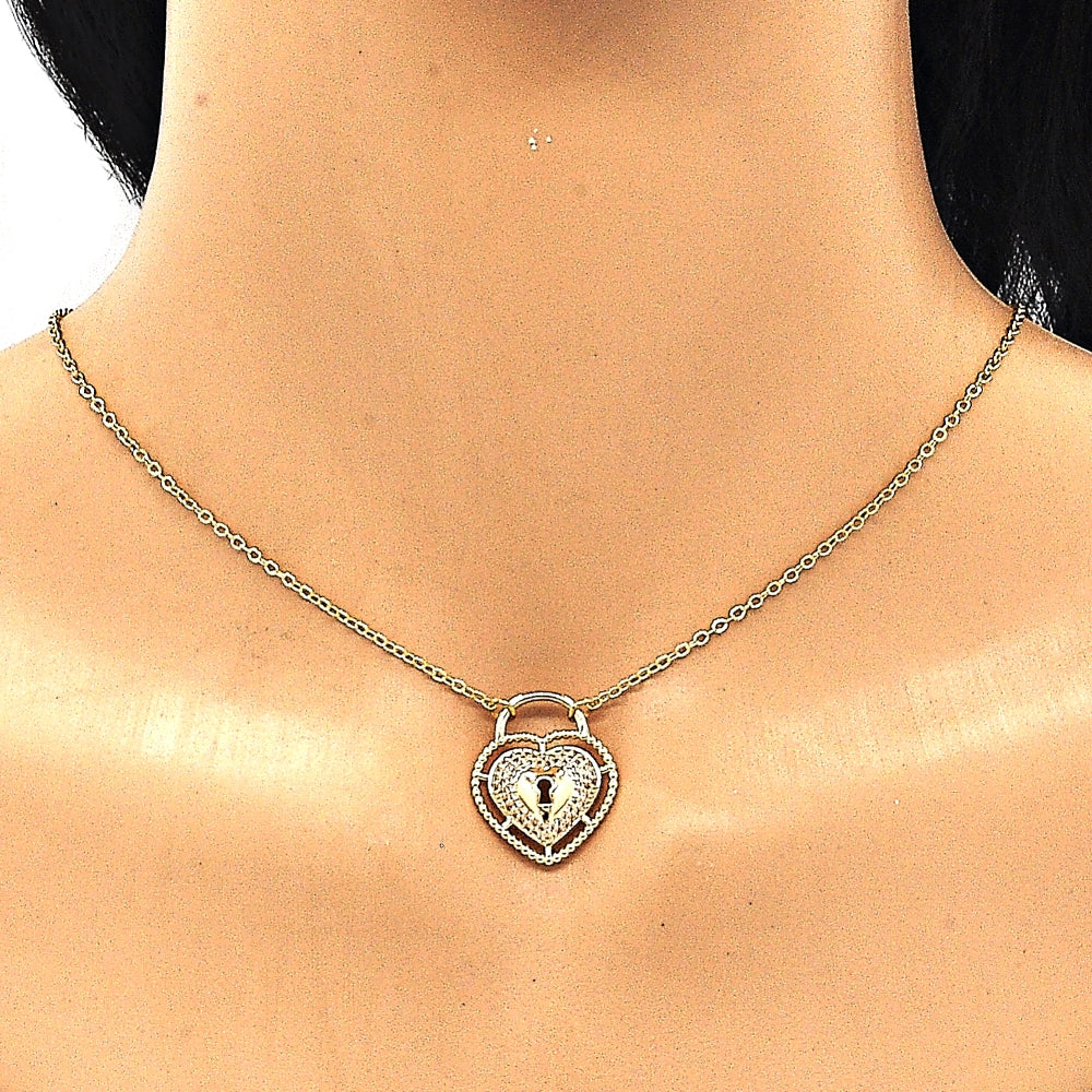 Oro Laminado Pendant Necklace, Gold Filled Style Lock and Heart Design, with White Micro Pave, Polished, Golden Finish