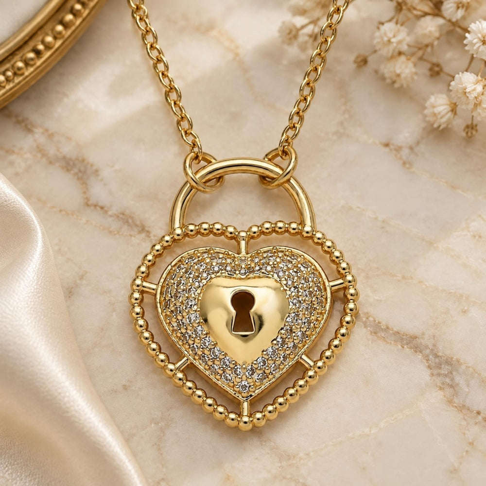 Oro Laminado Pendant Necklace, Gold Filled Style Lock and Heart Design, with White Micro Pave, Polished, Golden Finish