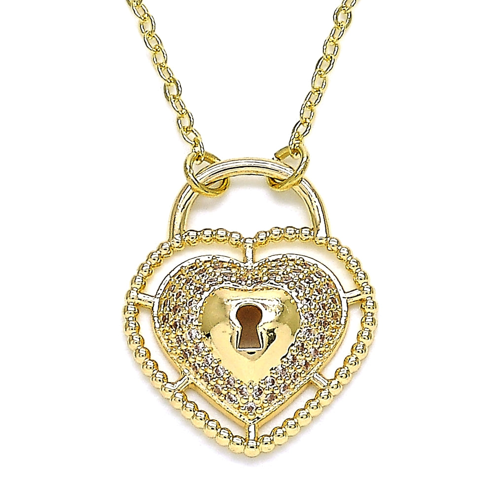 Oro Laminado Pendant Necklace, Gold Filled Style Lock and Heart Design, with White Micro Pave, Polished, Golden Finish
