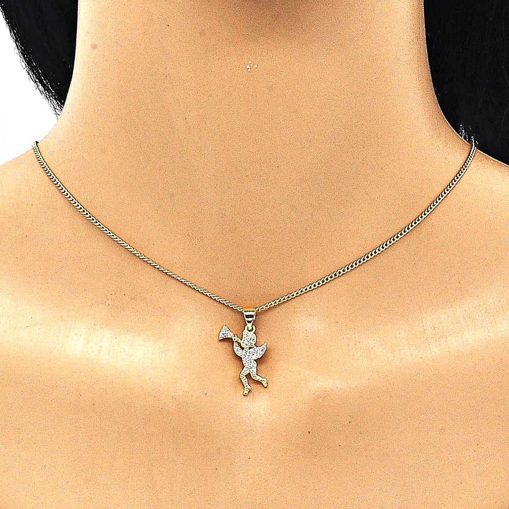 Oro Laminado Pendant Necklace, Gold Filled Style Angel Design, with White Micro Pave, Polished, Golden Finish