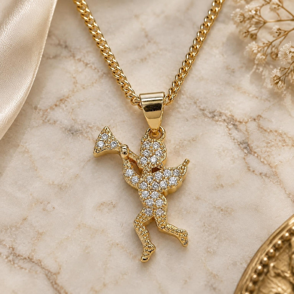 Oro Laminado Pendant Necklace, Gold Filled Style Angel Design, with White Micro Pave, Polished, Golden Finish