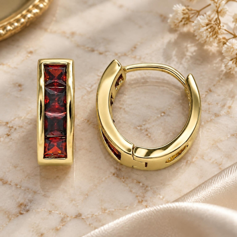 Oro Laminado Huggie Hoop, Gold Filled Style with Garnet Micro Pave, Polished, Golden Finish